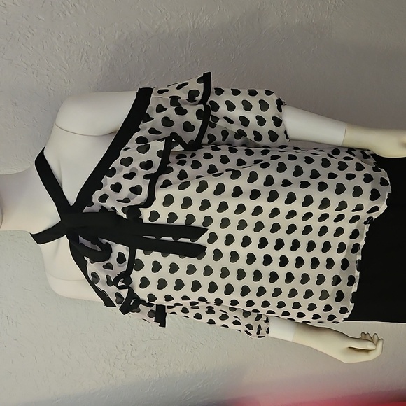 PAPAYA Black and White Hearts Ruffle Criss Cross Off-Shoulder Chiffon Top - Picture 3 of 8